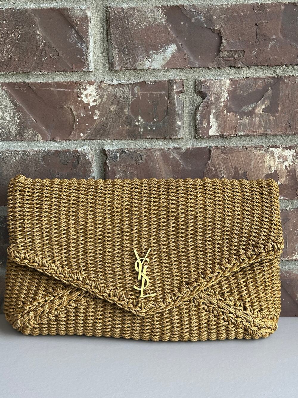 Saint Laurent Cassandre Envelope Clutch Raffia Large Brown 84238